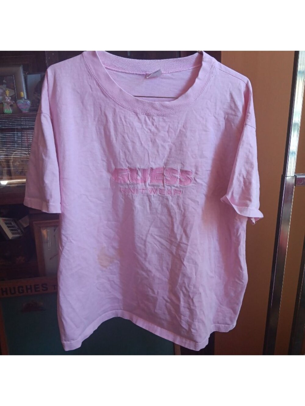 Vintage Womens OSFA Guess Knitwear Pink T-Shirt With Embroidered Logo One Size